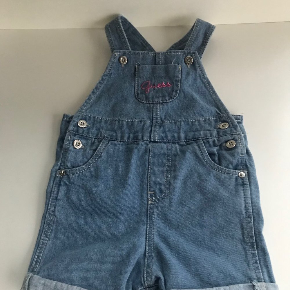 Guess Light Blue Denim Shortall Size 4T with Pink branding